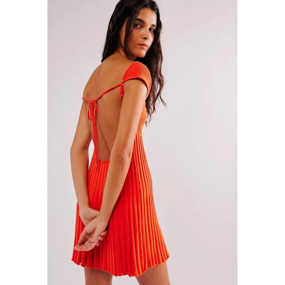 Free People Cherie Mini Dress Orange Ribbed Open Back Fit Flare Size L NWOT